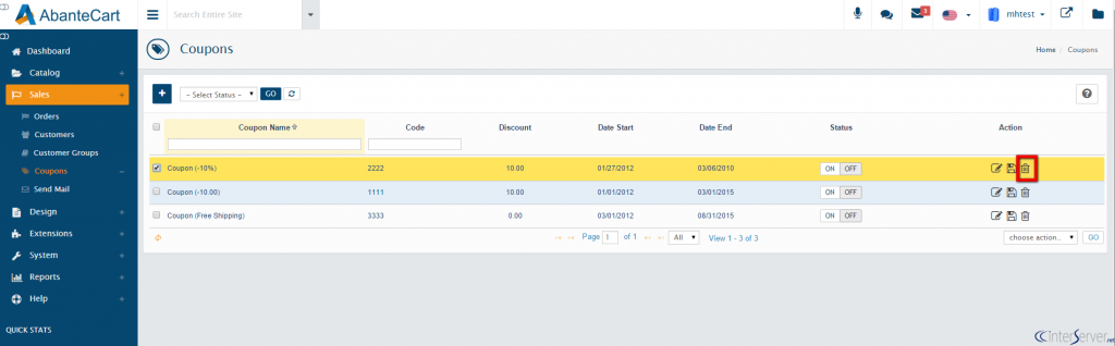 Manage coupons in AbanteCart
