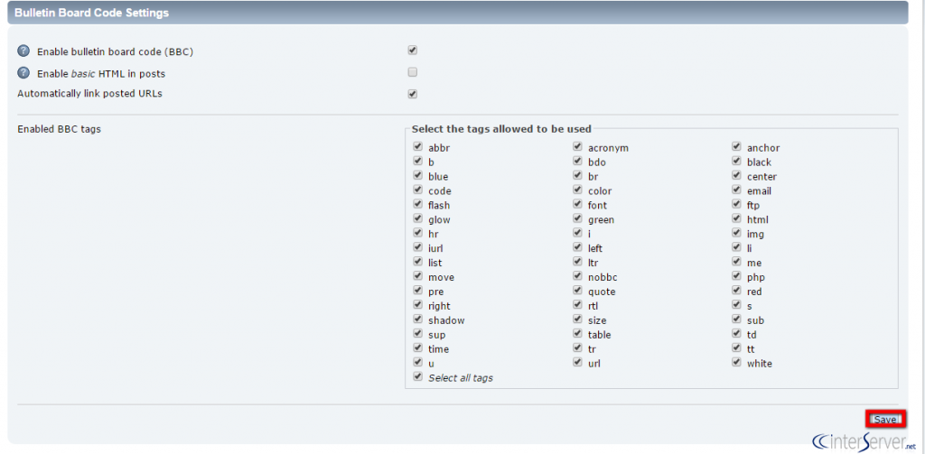 Bulletin board code settings