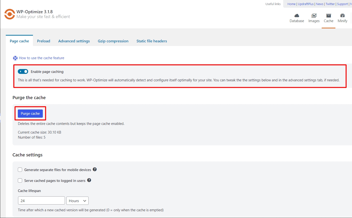 Enable and clear the page cache using WP Optimize