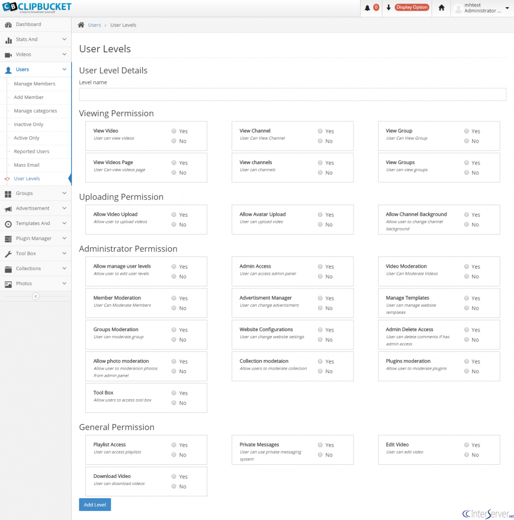 Manage User Levels in ClipBucket