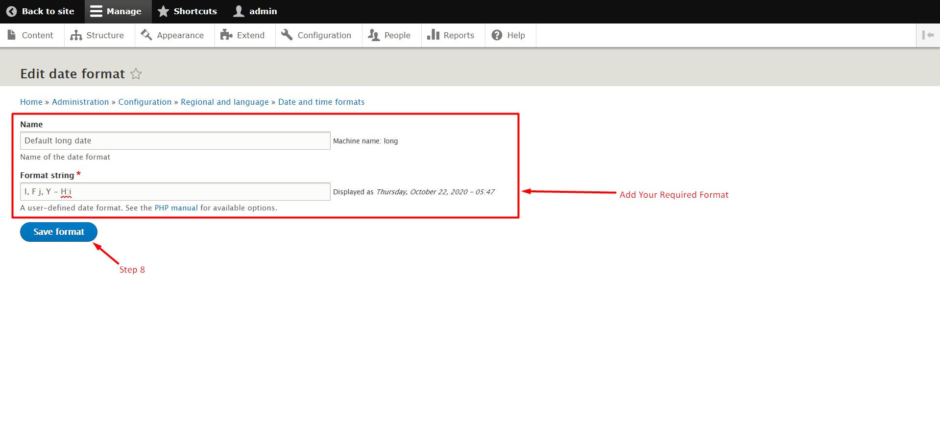 Change Date and Time format in Drupal - Step 8