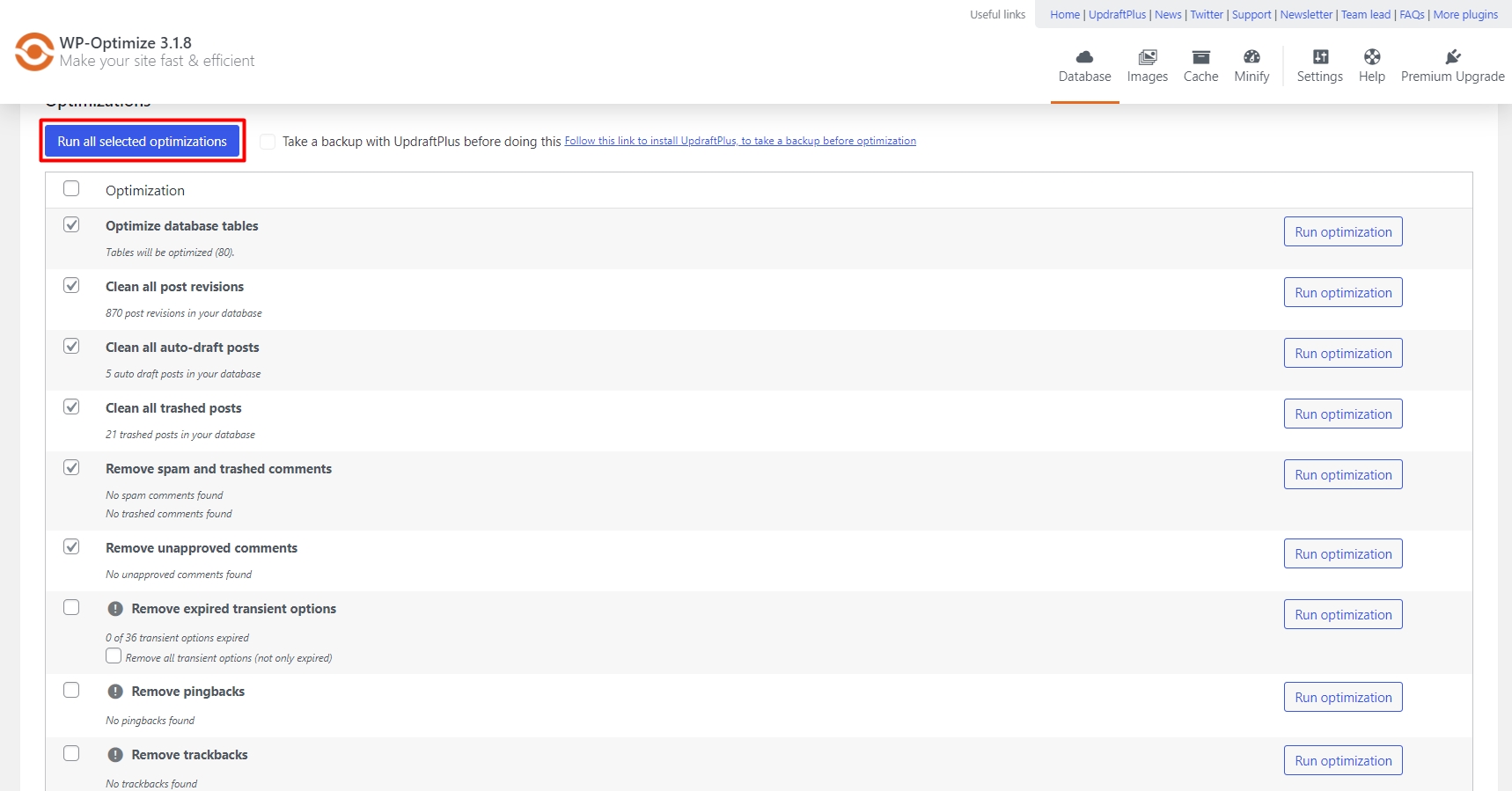 Run the database optimisation in WP Optimize