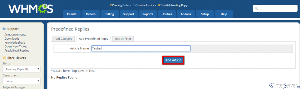 Manage Predefined Replies in WHMCS