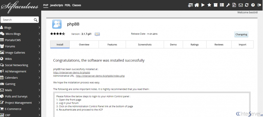 Install phpBB from Softaculous