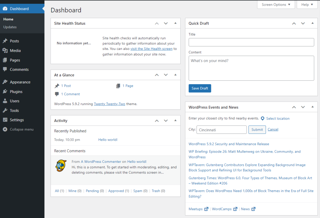 WordPress admin dashboard 2024