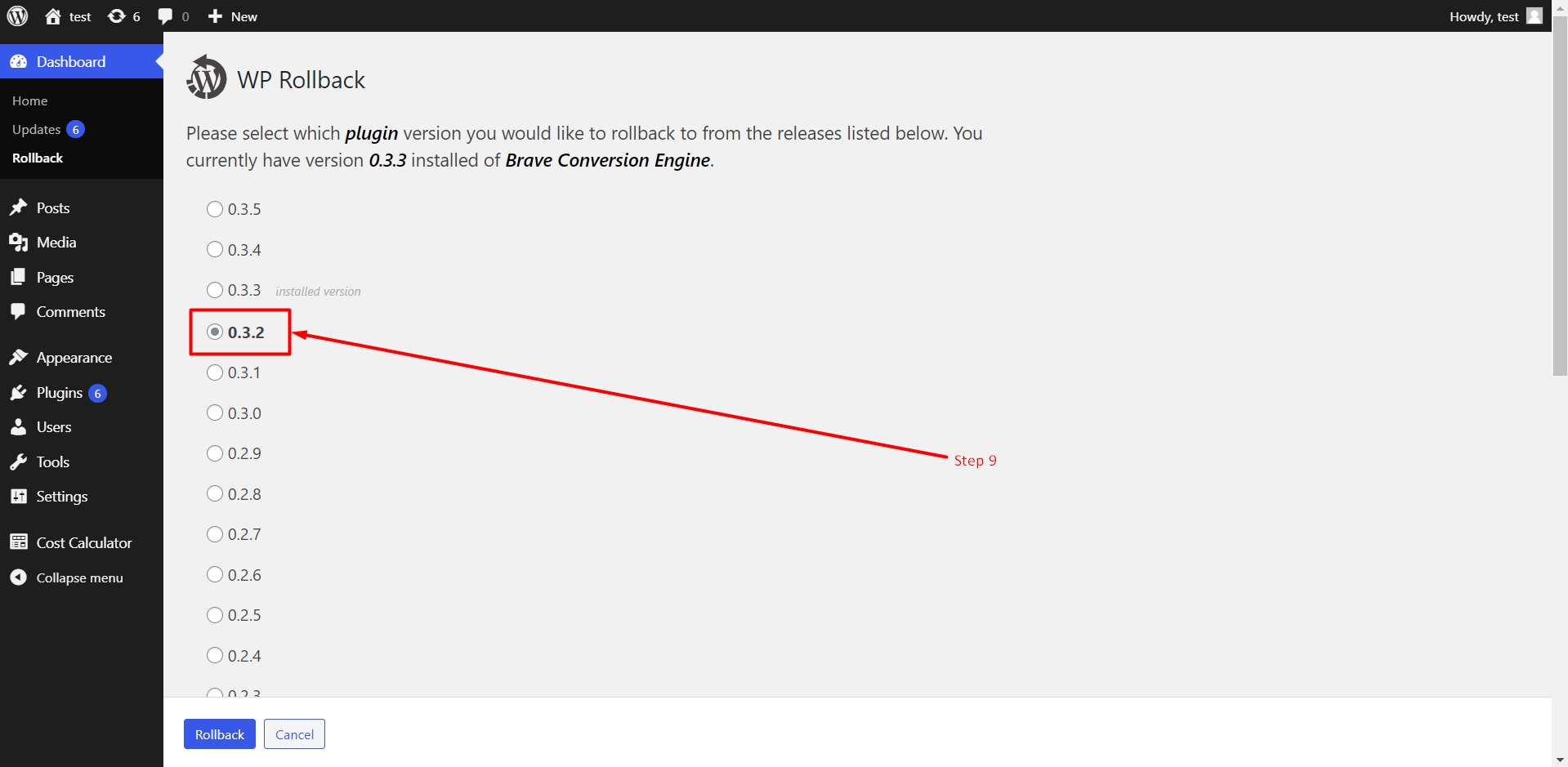 Change the version of plugin using WP Rollback
