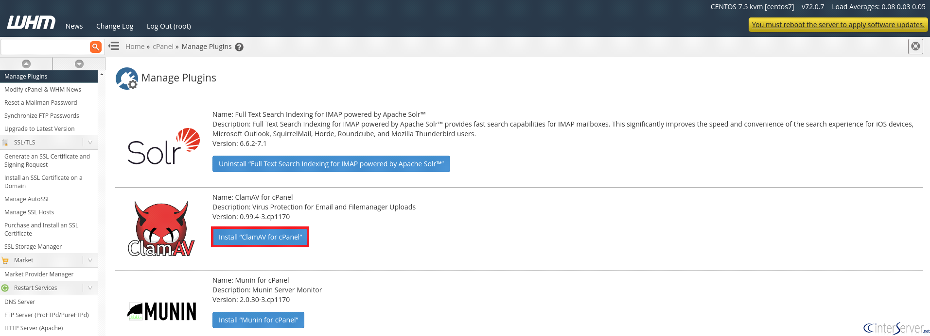 Install ClamAV Plugin from WHM