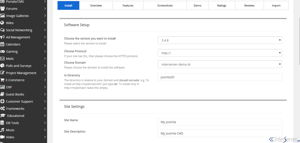 Install Joomla from Softaculous