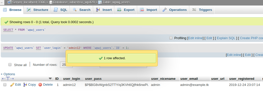 Change WordPress username using PHPMyAdmin - Step 4