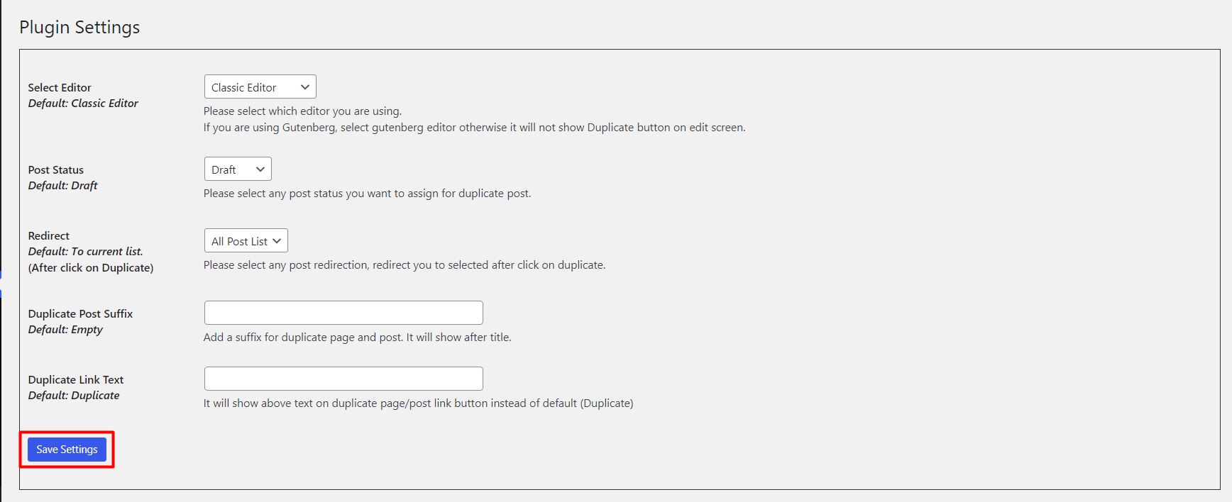 Configure Duplicate posts and pages in WordPress