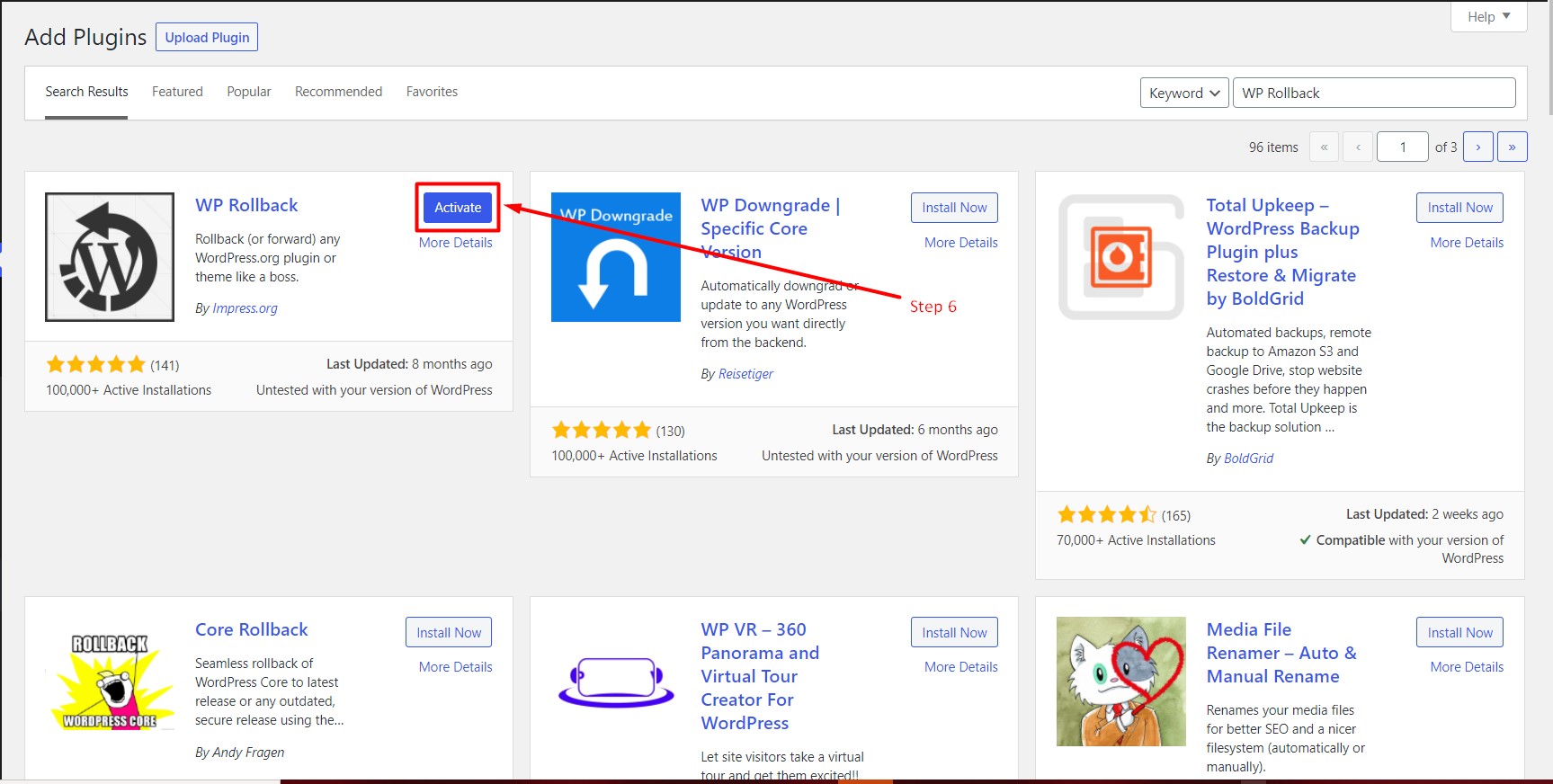 How to install WP Rollback in WordPress - Step 6