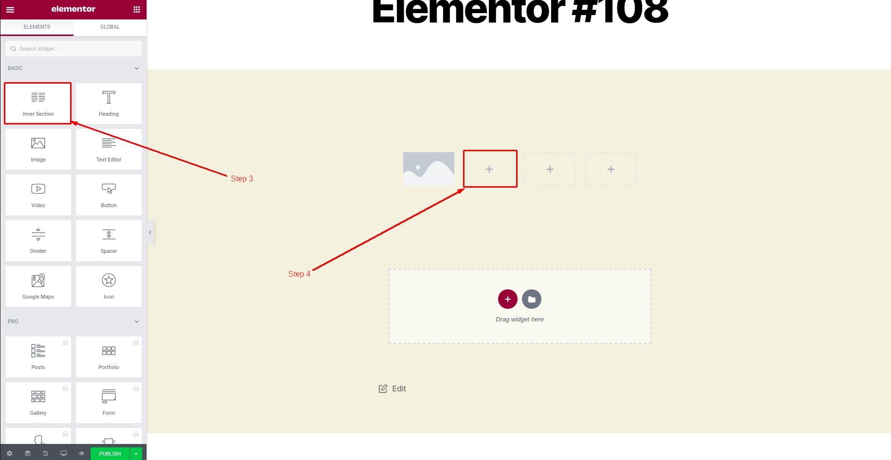 How to use inner section in Elementor - Step 3 and 4