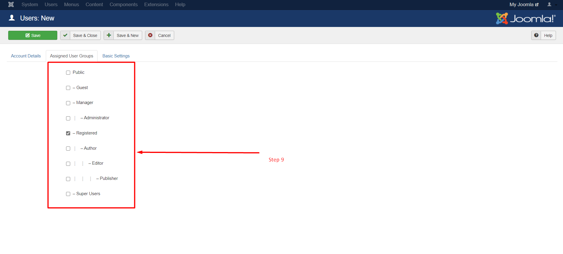 How to create a user group in Joomla - Step 9