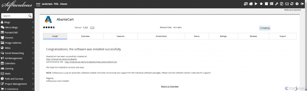 Install AbanteCart from Softaculous