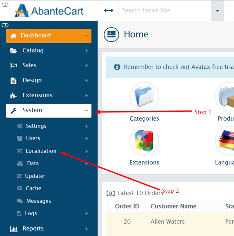 Manage zones in AbanteCart - Step 1 and 2