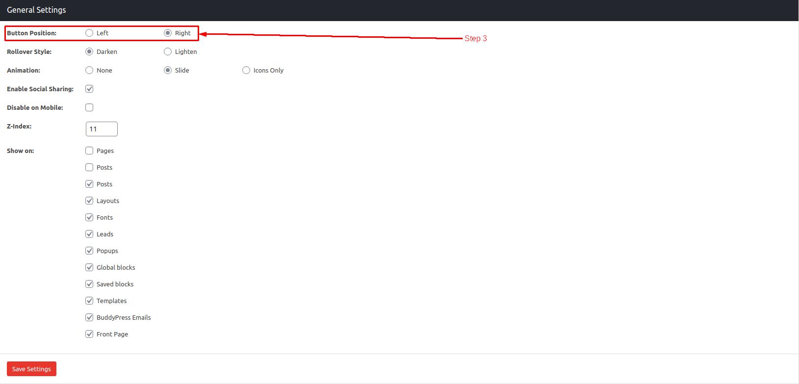 General settings for Sticky buttons in WordPress - Step 3