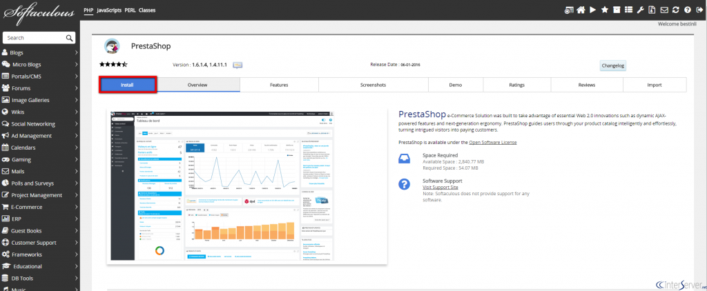 Install PrestaShop from softaculous