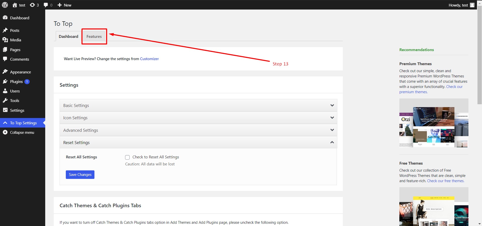 Features List tab