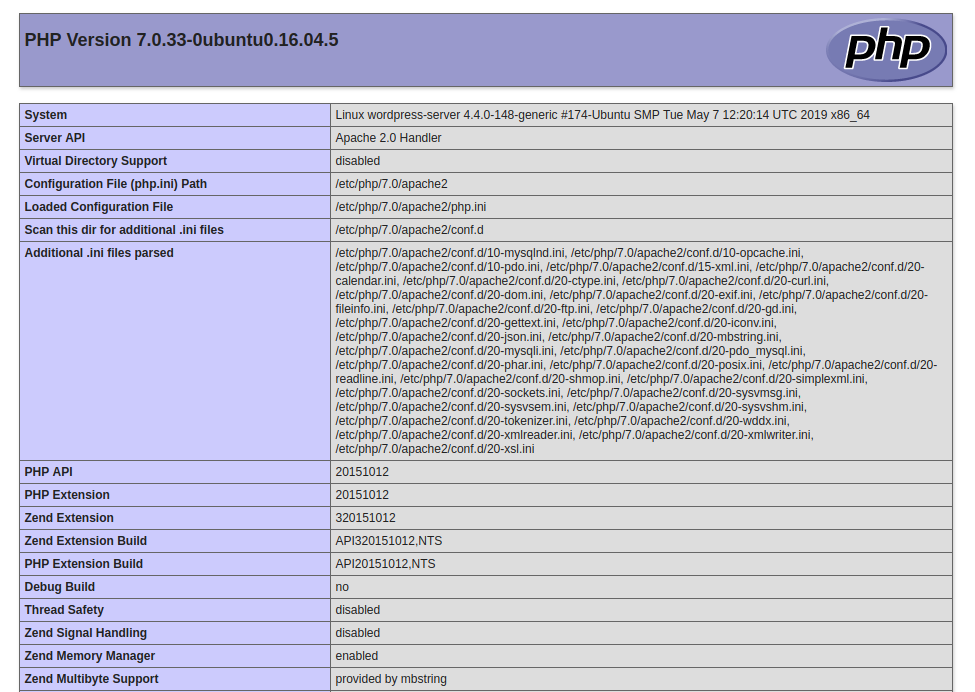PHPInfo page