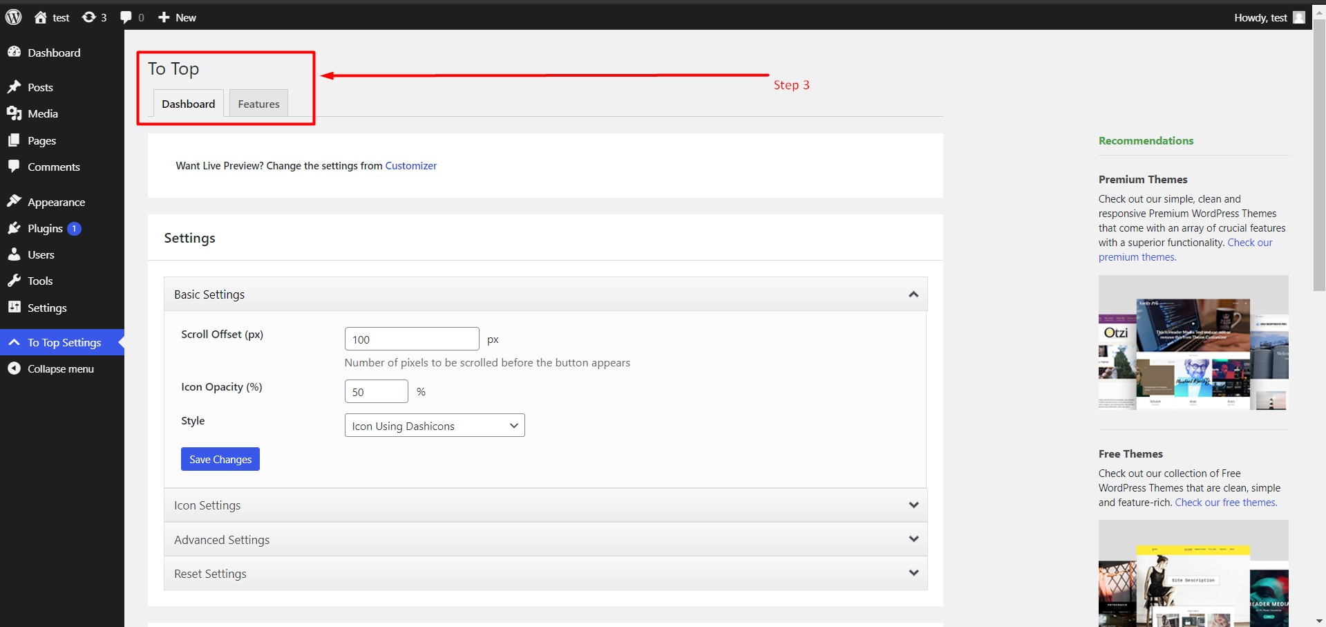 To top plugin dashboard