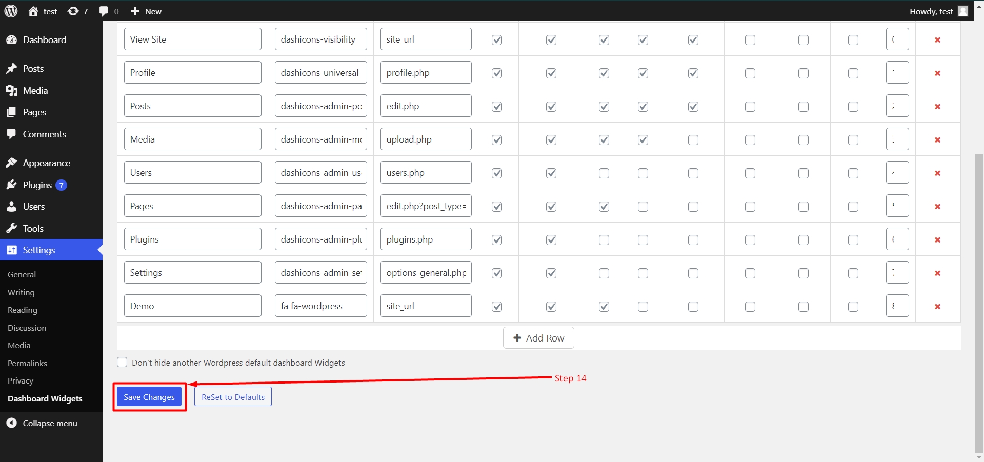 Save Dashboard widgets list