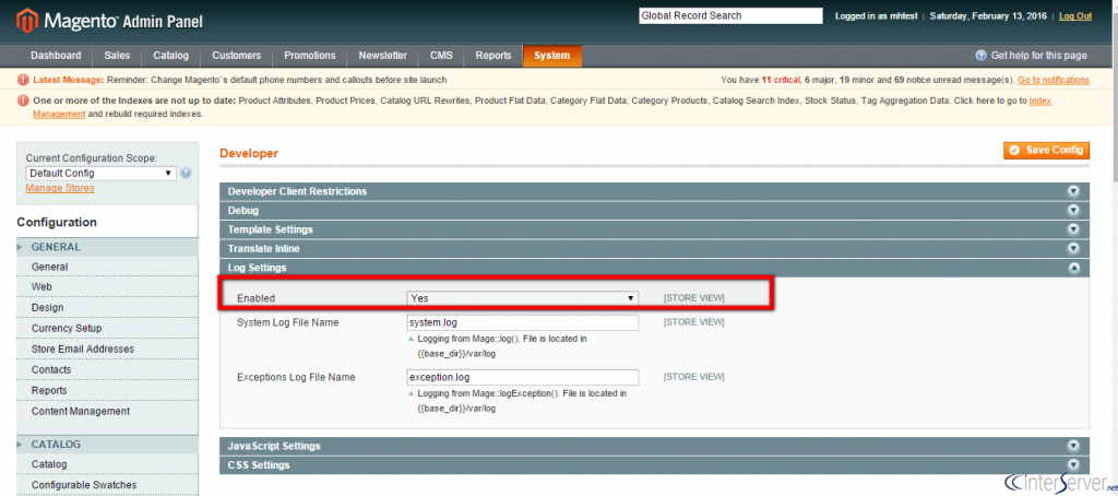 Enable system and exception logging