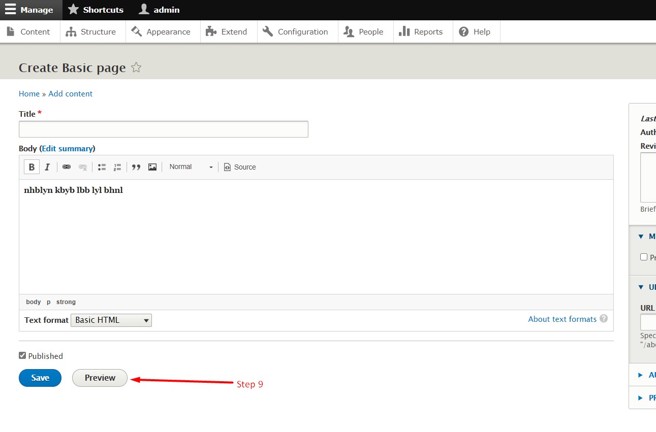 How to create pages in Drupal - Step 9