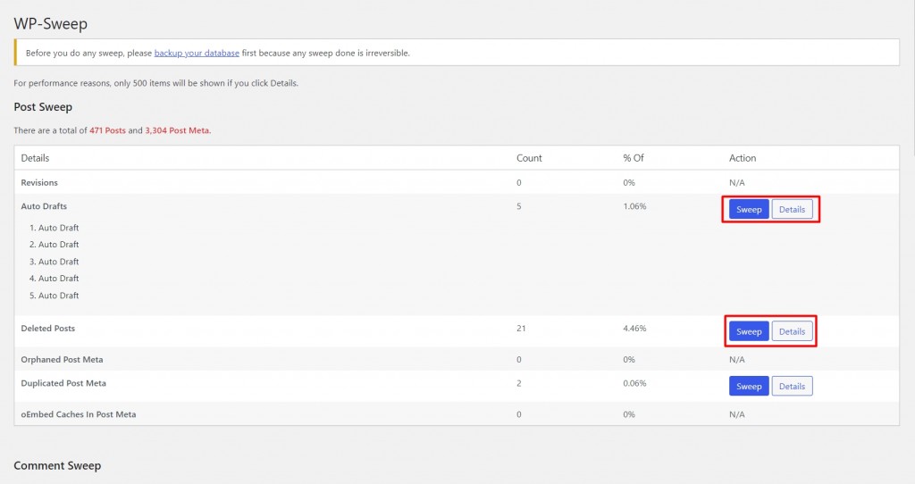 Optimise WordPress with WP Sweep - Step 4