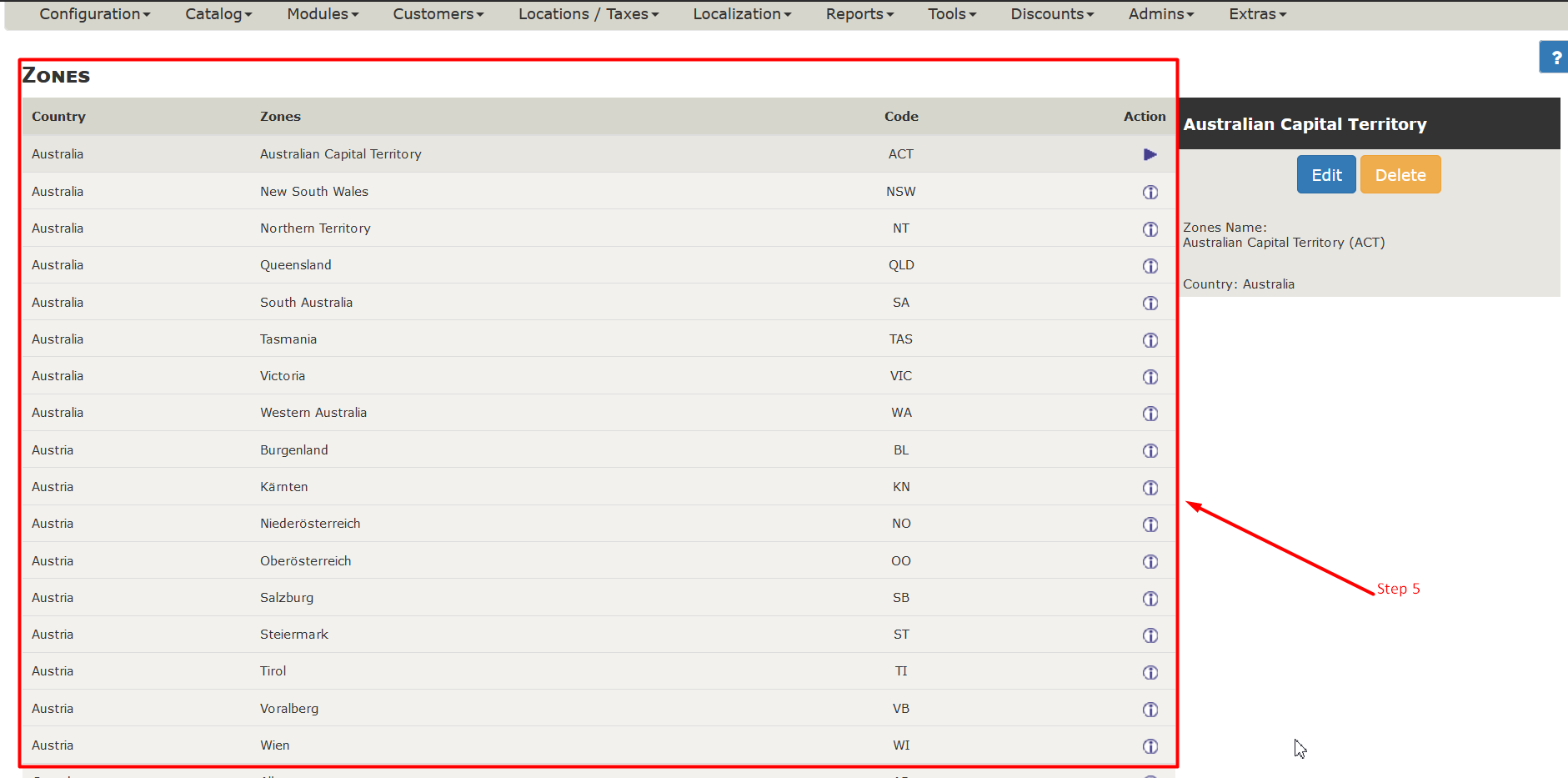 Manage zones in ZenCart - Step 5