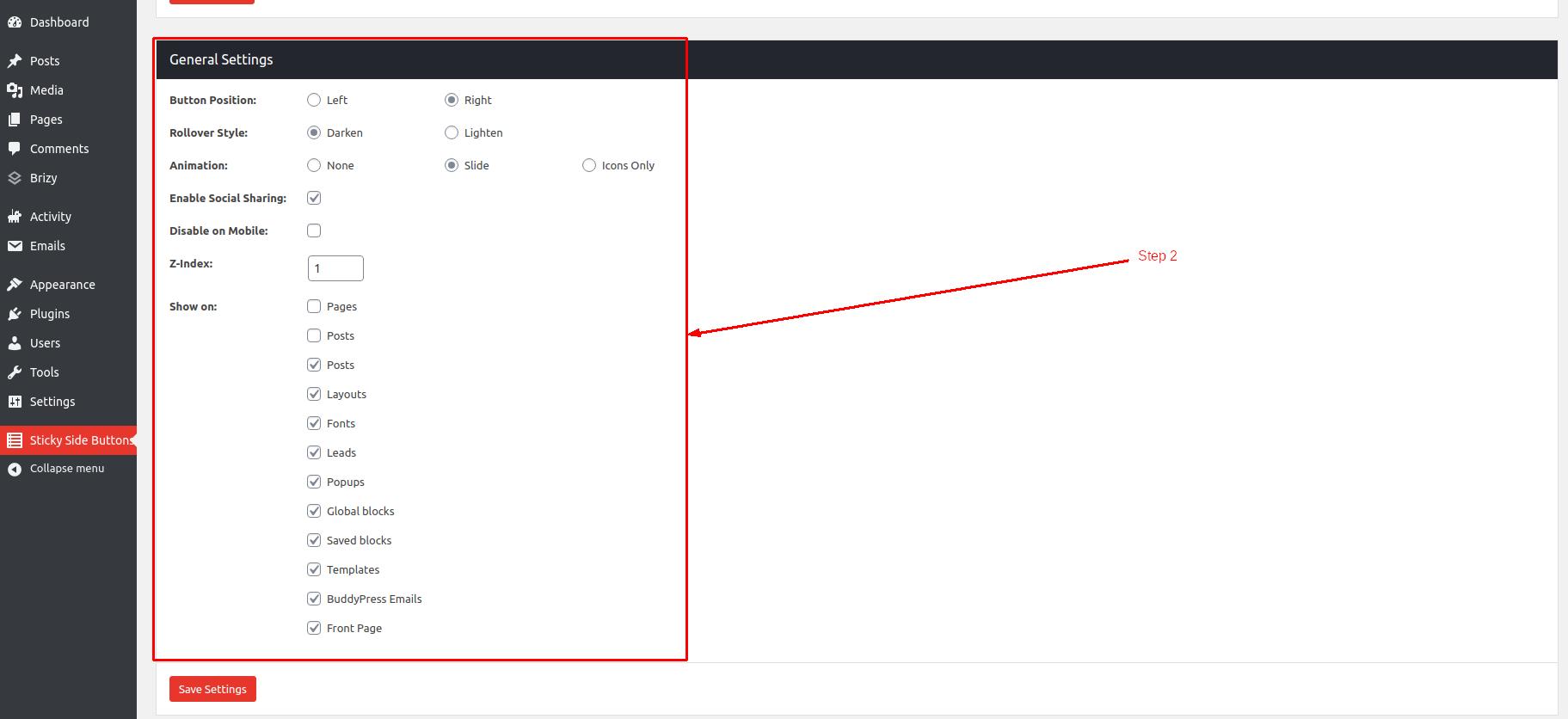 General settings for Sticky buttons in WordPress - Step 2