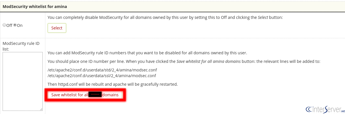 Disable ModSecurity Rule for cPanel User