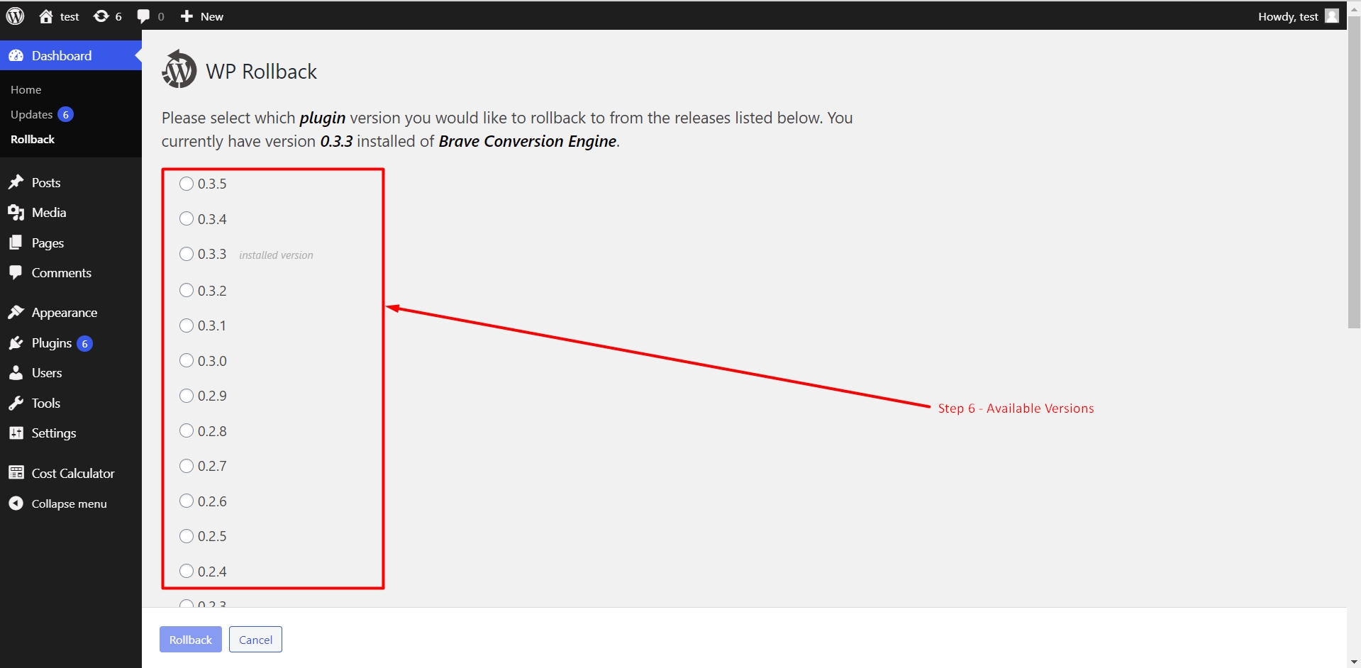 Available versions for a specific plugin in WP rollback