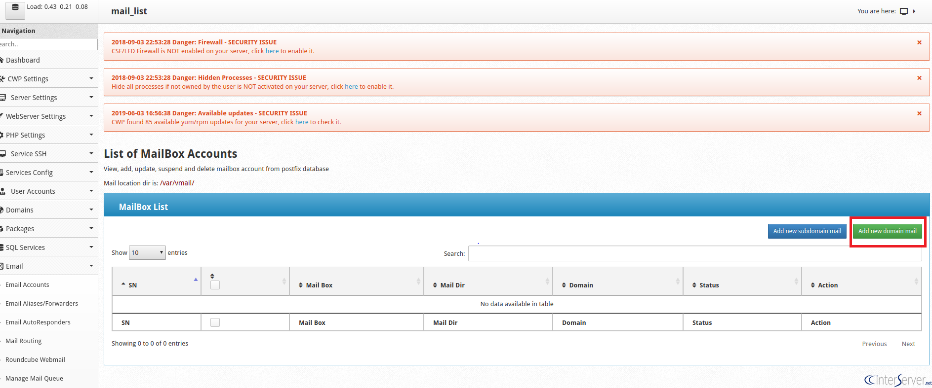 Mail account in CWP