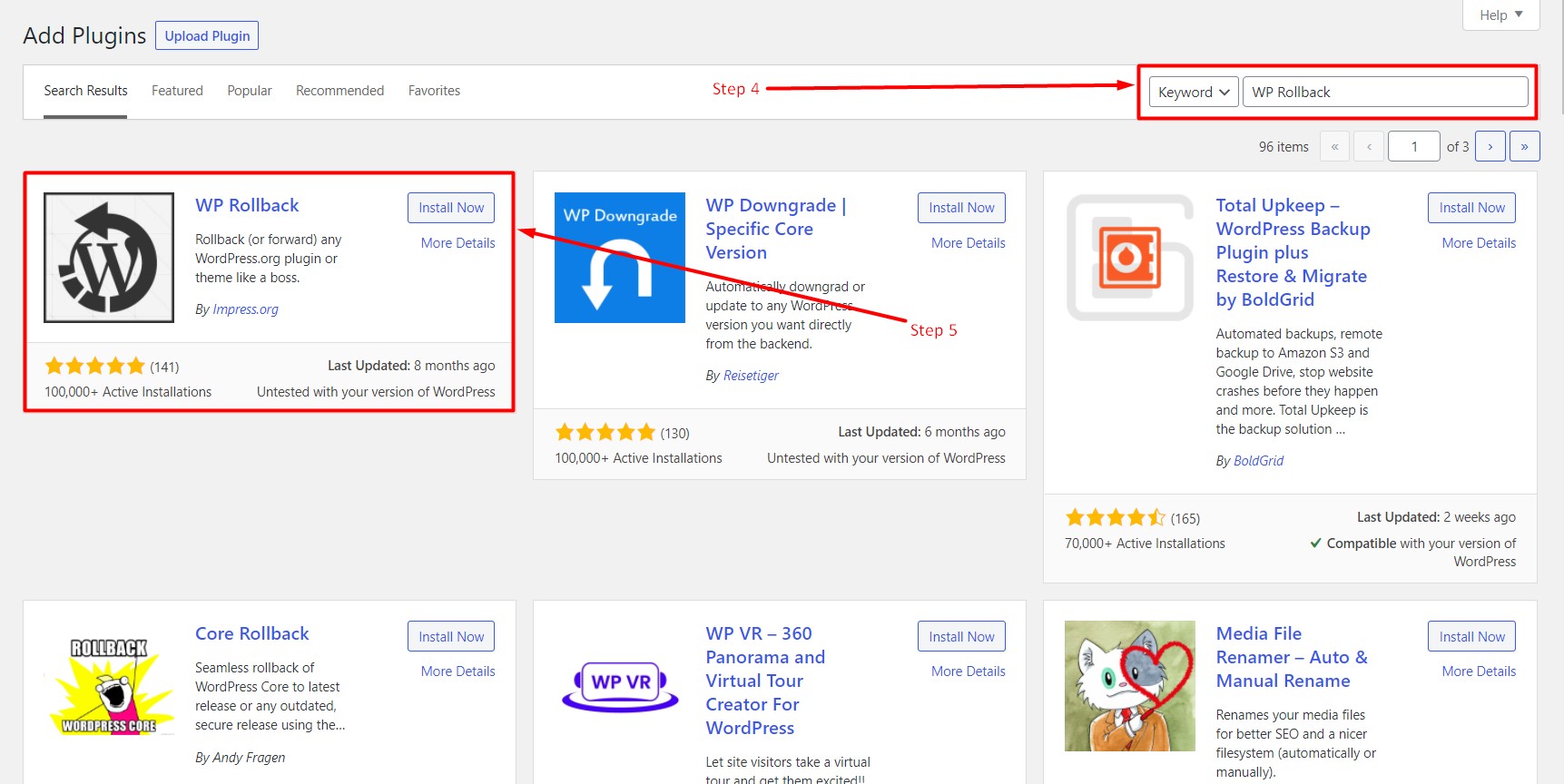 How to install WP Rollback in WordPress - Step 4 and 5