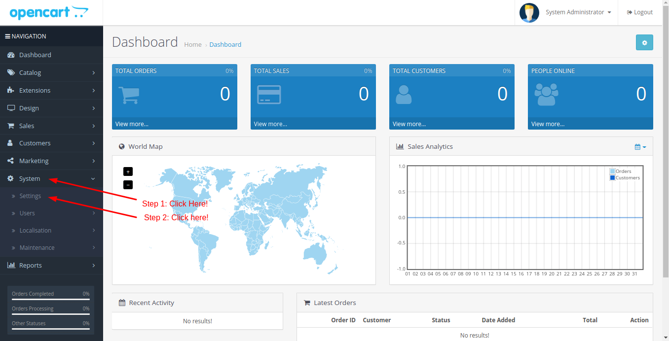 Configure E-mail settings in OpenCart - Step 1