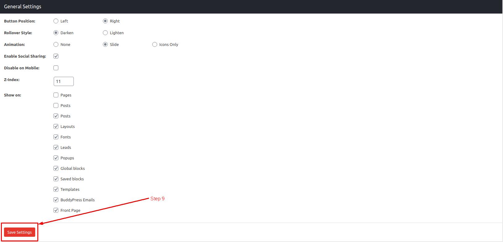 General settings for Sticky buttons in WordPress - Step 8