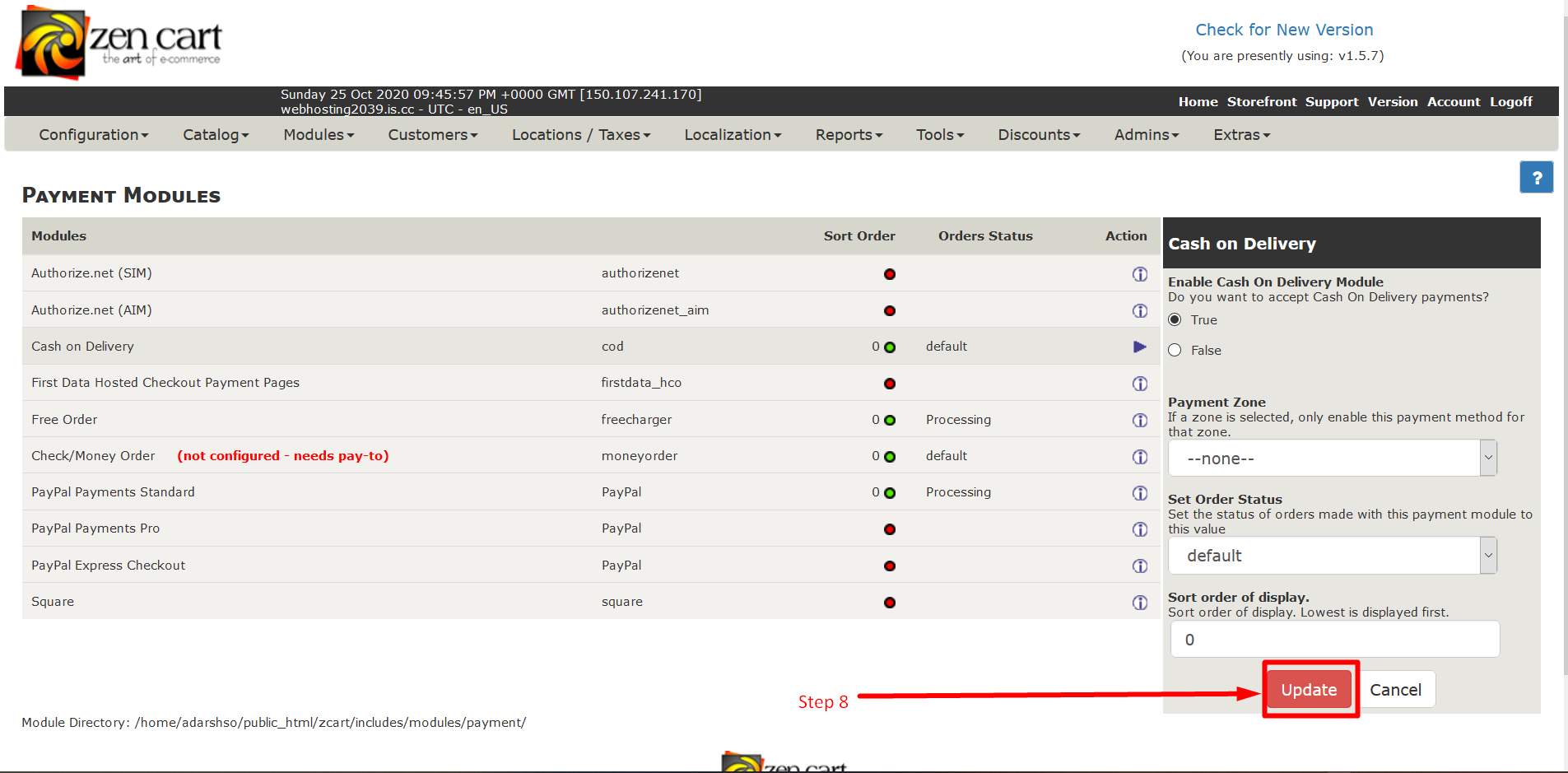 How to install Payment module in ZenCart - Step 8