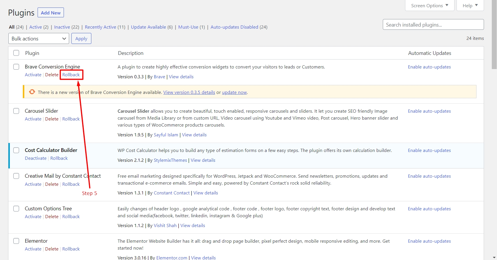 Rollback the version of a plugin