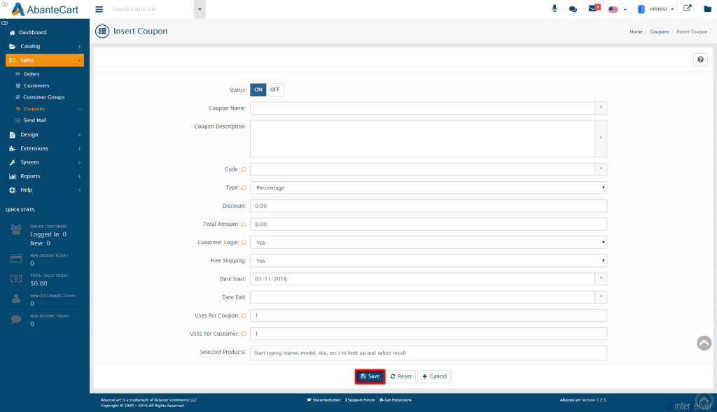 Manage coupons in AbanteCart