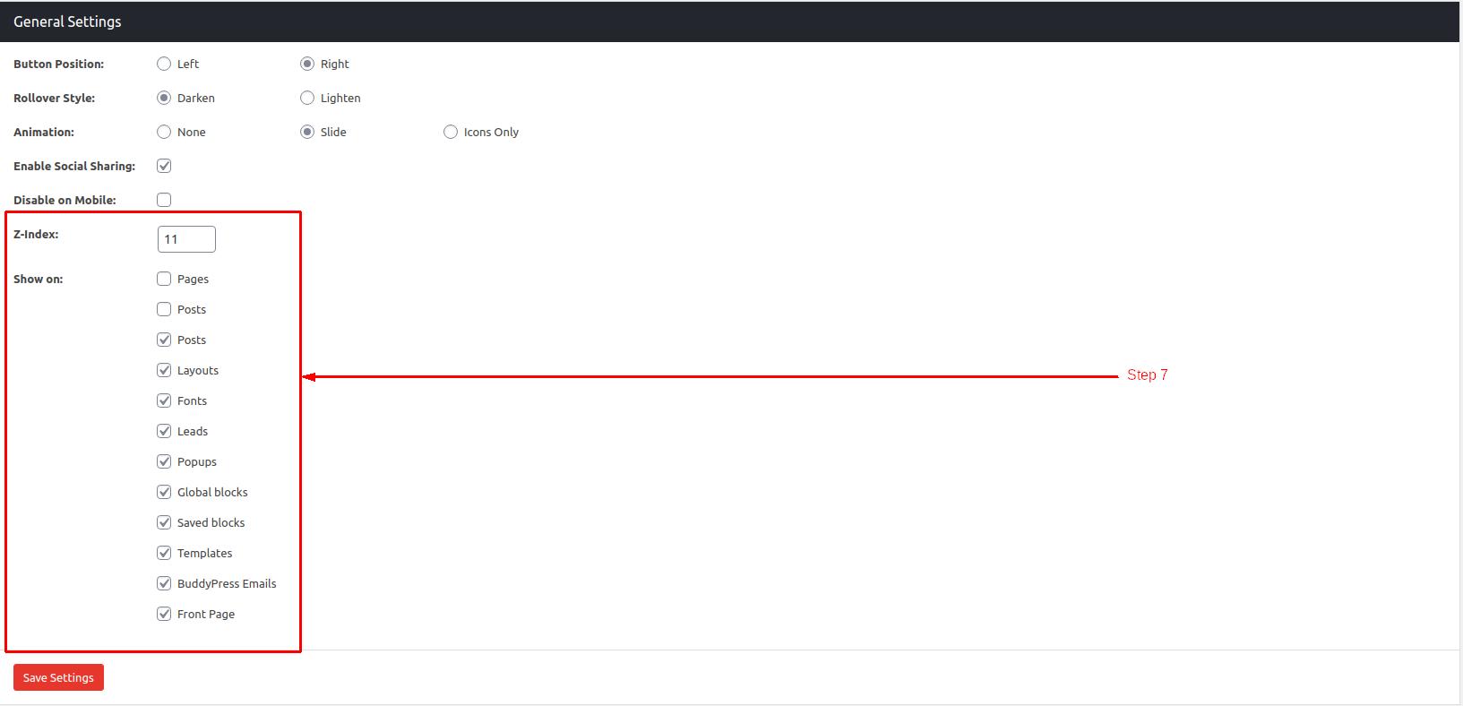 General settings for Sticky buttons in WordPress - Step 7