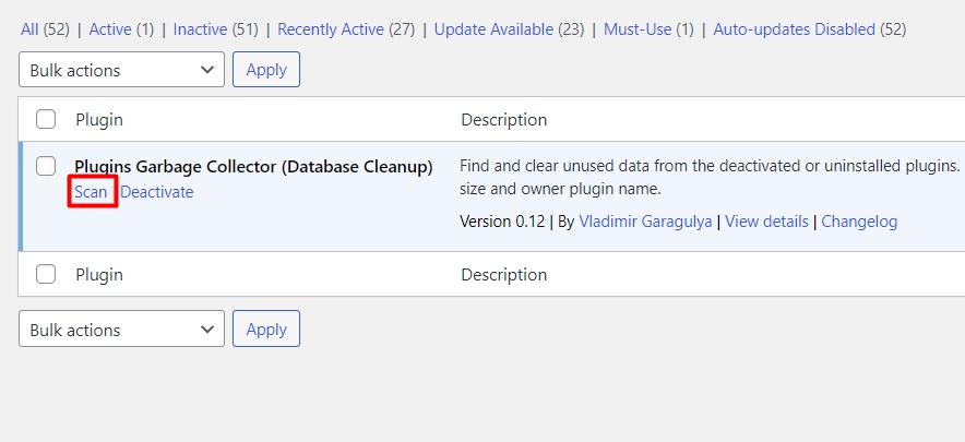 Run Scan for Plugins Garbage collector