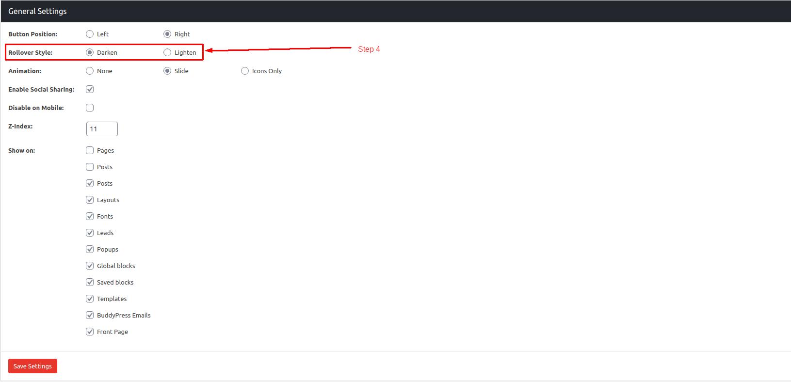 General settings for Sticky buttons in WordPress - Step 4