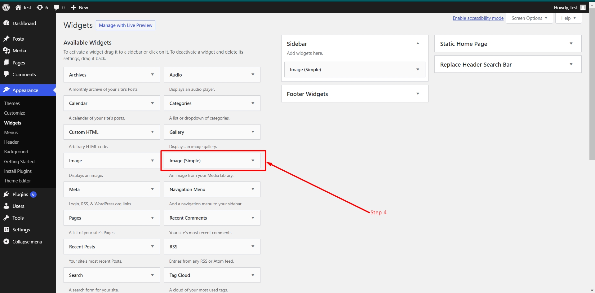 Select simple image widget from the list of widgets