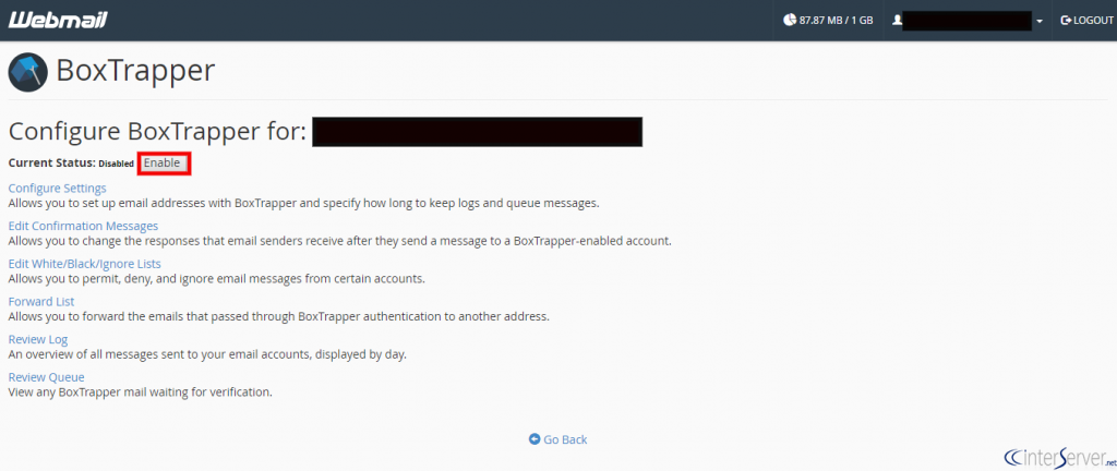 Boxtrapper in webmail