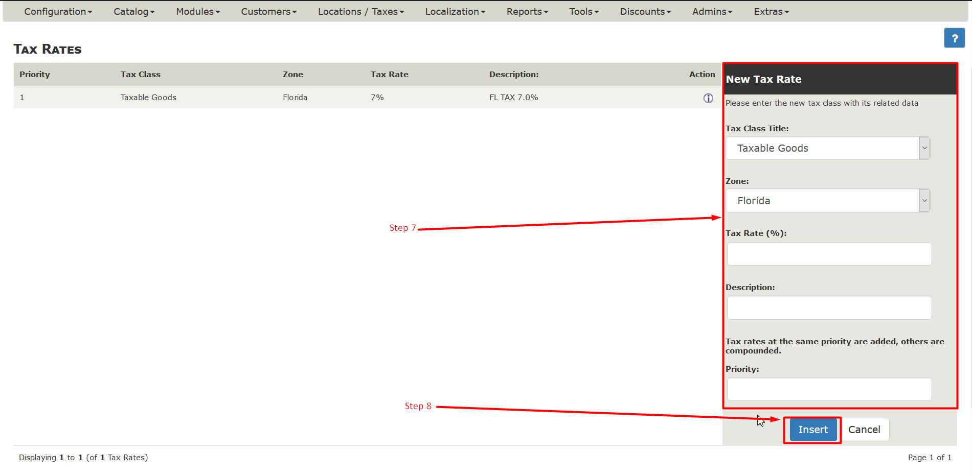 Add tax rates in ZenCart  - Step 7 and 8