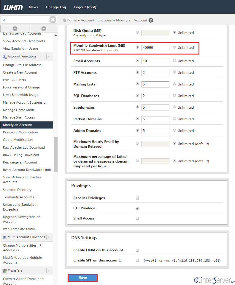 Account Bandwidth