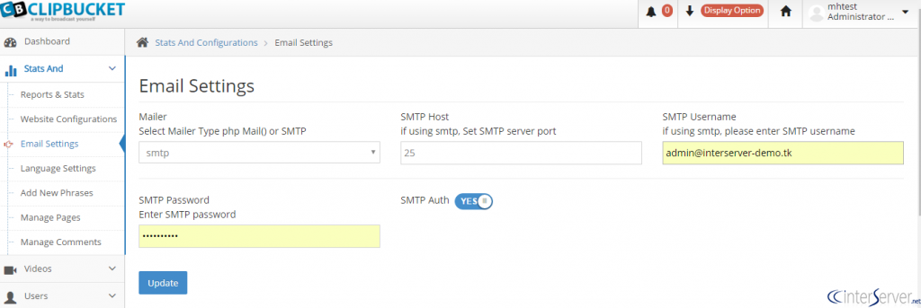 Configure SMTP Settings in ClipBucket