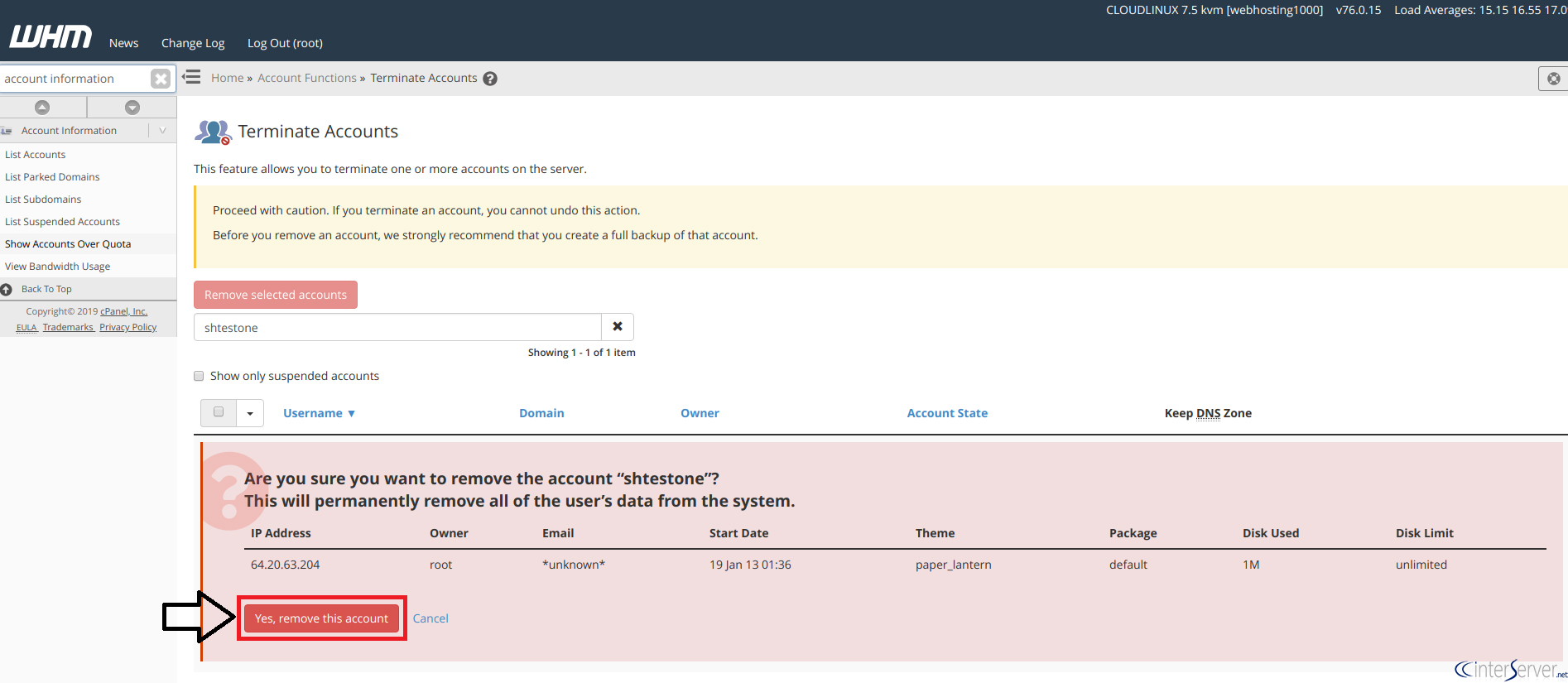 Terminate cPanel