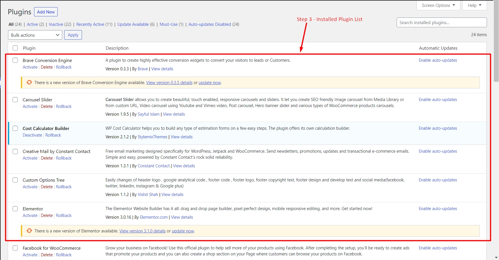 Installed plugins in WordPress