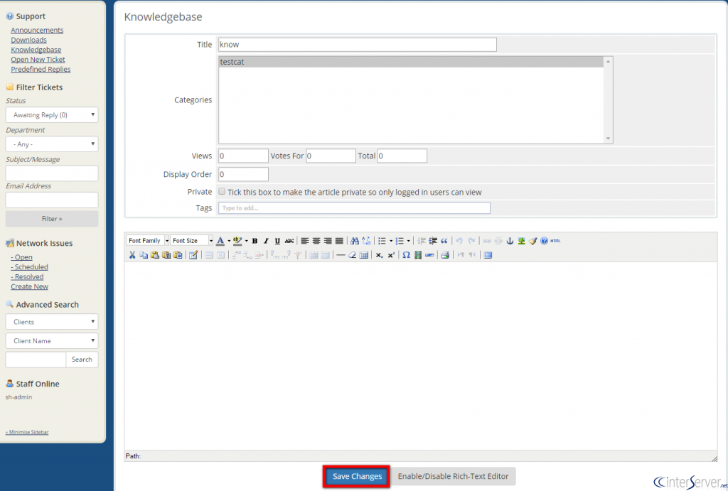Create Knowledgebase in WHMCS